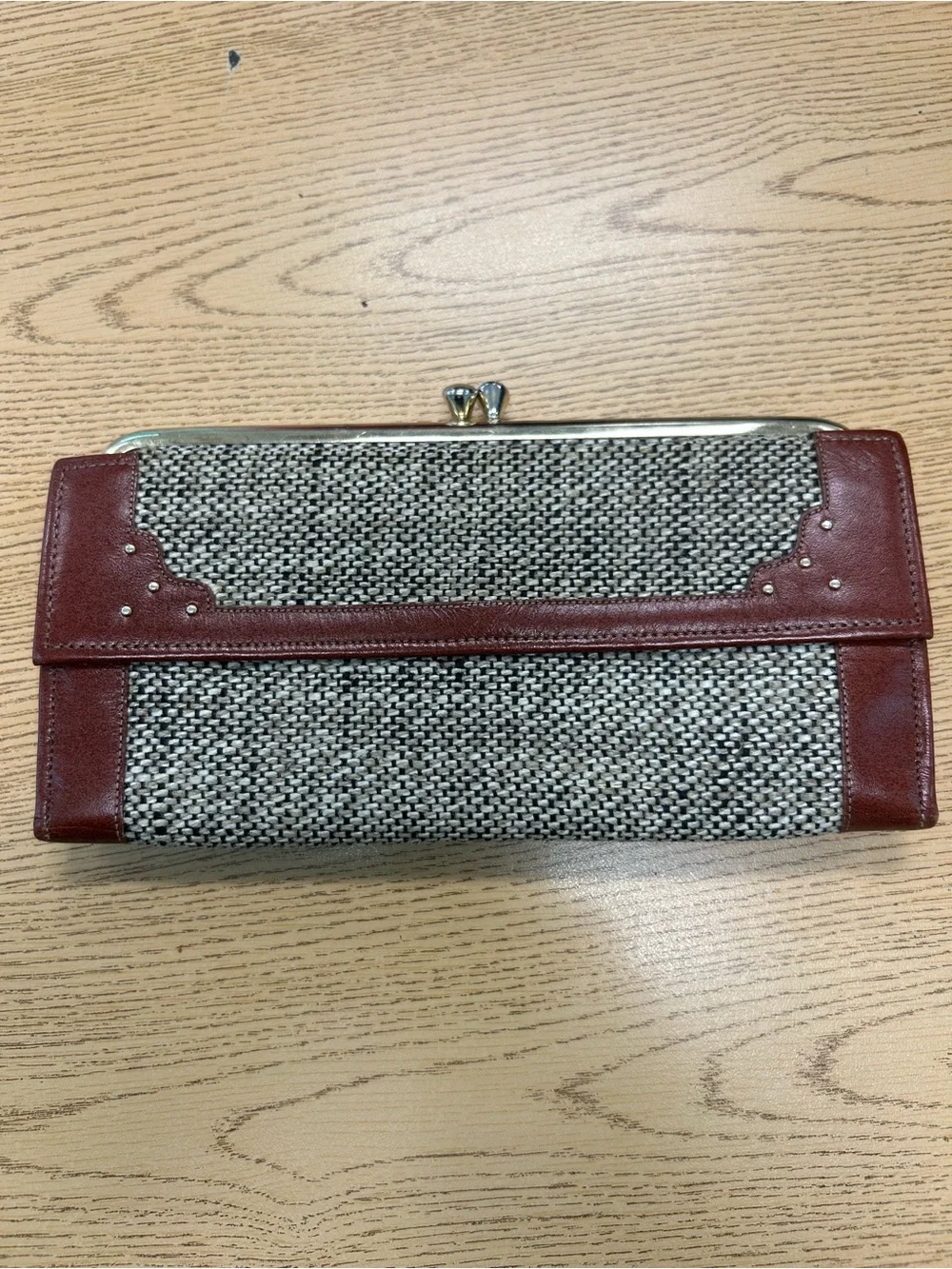 Vintage Brown Leather-Trim Woven tweed Clutch Wallet with kiss lock